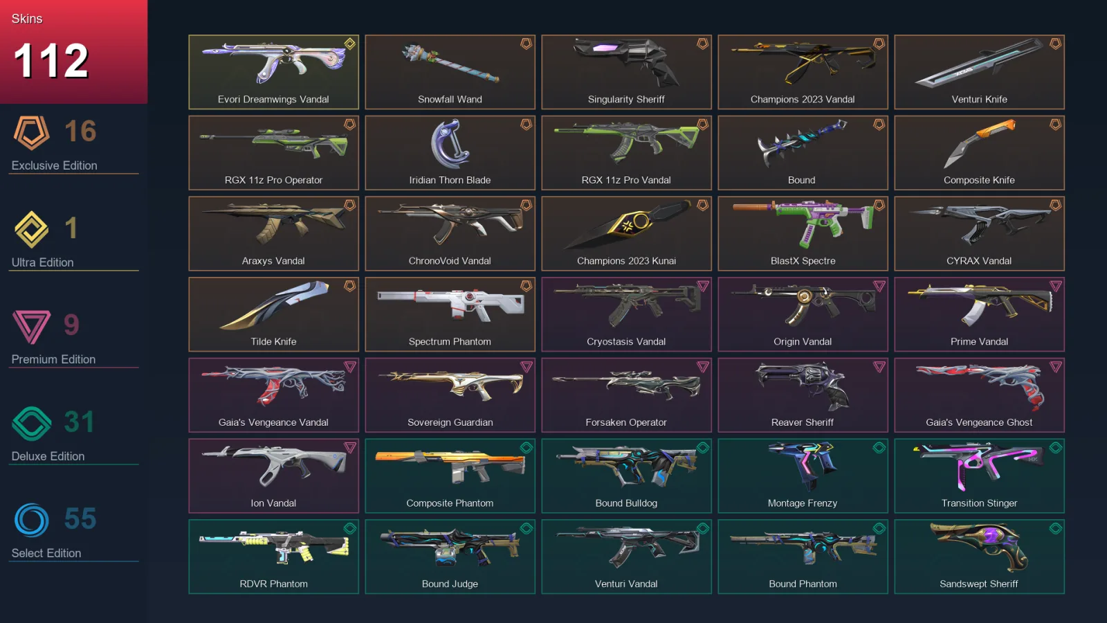 BR | Snowfall Wand | Singularity Sheriff | Champions 2023 Vandal | Venturi Knife | 112 Skin | 29 Agent | 158 Buddy | Lv375
