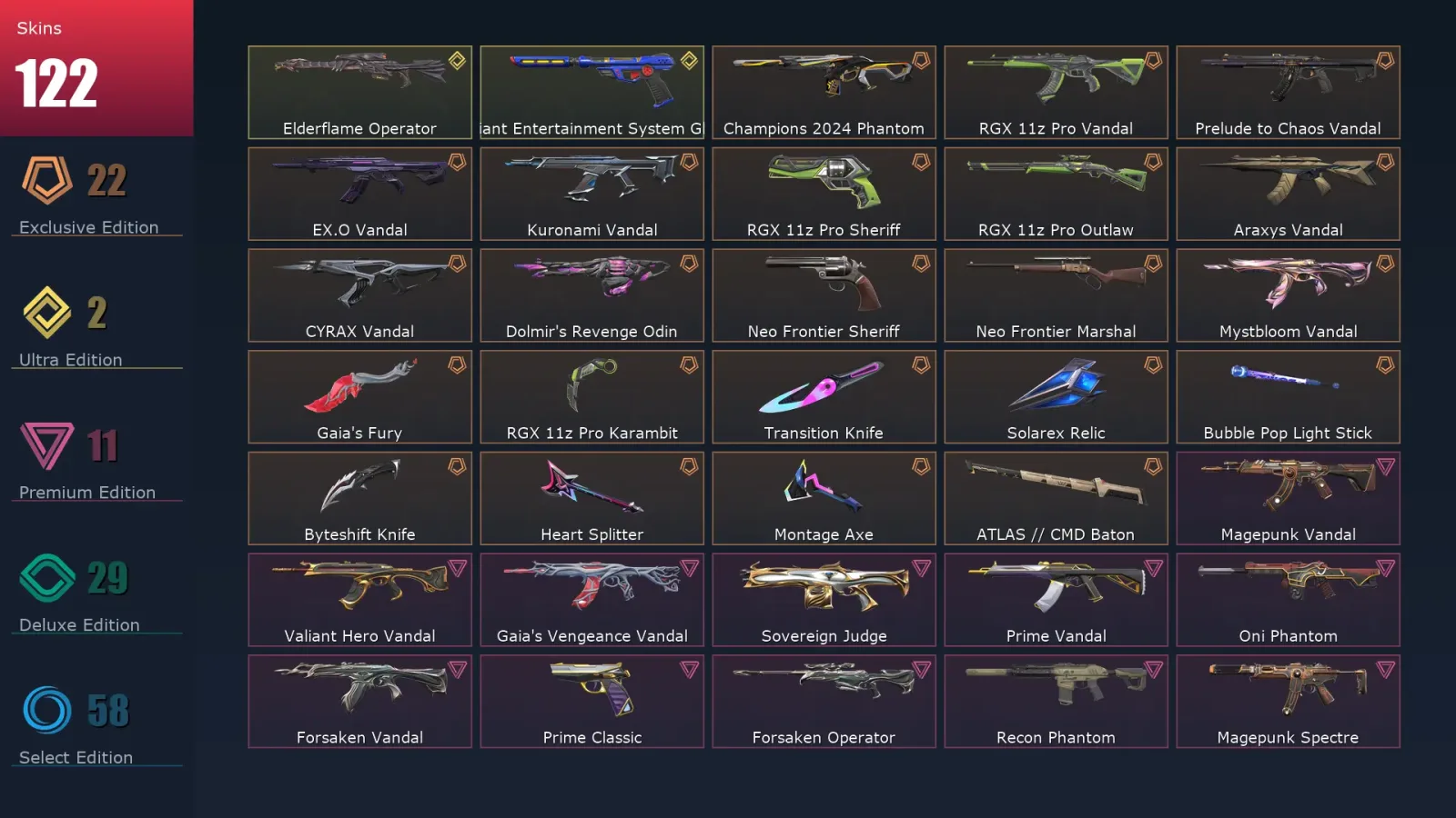 [Valorant] | EU | Level 297 | Gold 1 | 29 Agents | 122 Skins