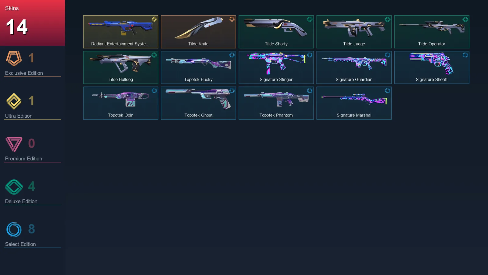 AP | Tilde Knife | Radiant Entertainment System Phantom | Tilde Shorty | Tilde Judge | 14 Skin | 26 Agent | 30 Buddy | Lv78