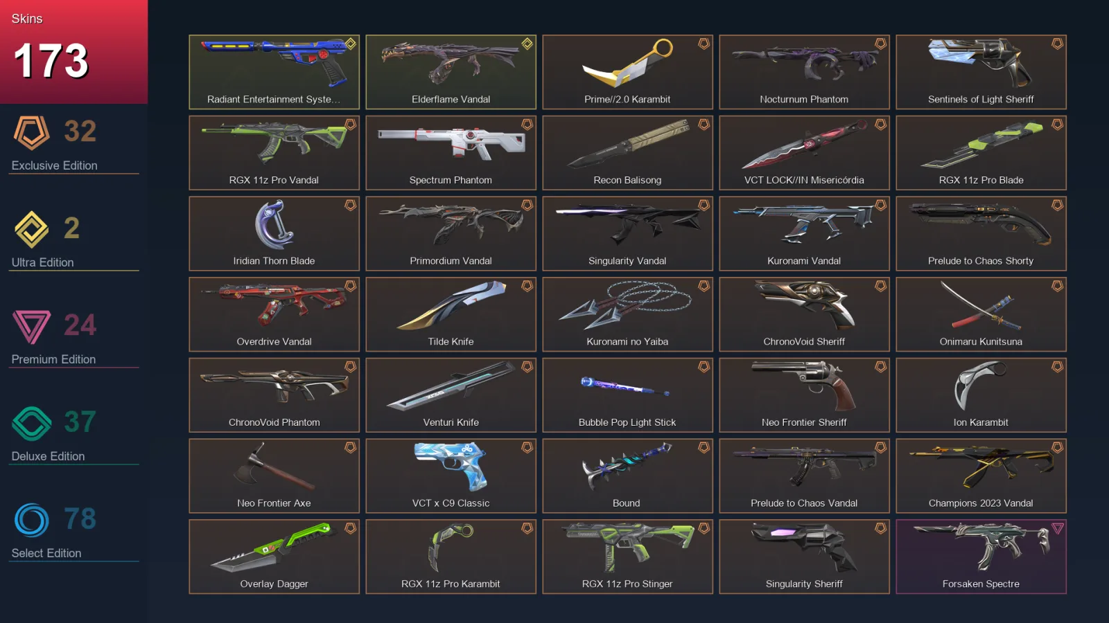 NA | Lv205 | Unranked | 173 Skin | 27 Agent | 129 Buddy