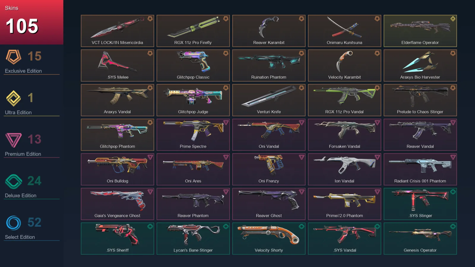 EU | VCT LOCK//IN Misericórdia | RGX 11z Pro Firefly | Reaver Karambit | Onimaru Kunitsuna | 105 Skin | 19 Agent | 76 Buddy | Lv106