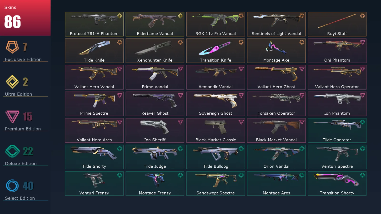 [Valorant] | EU | Level 201 | 28 Agents | 86 Skins