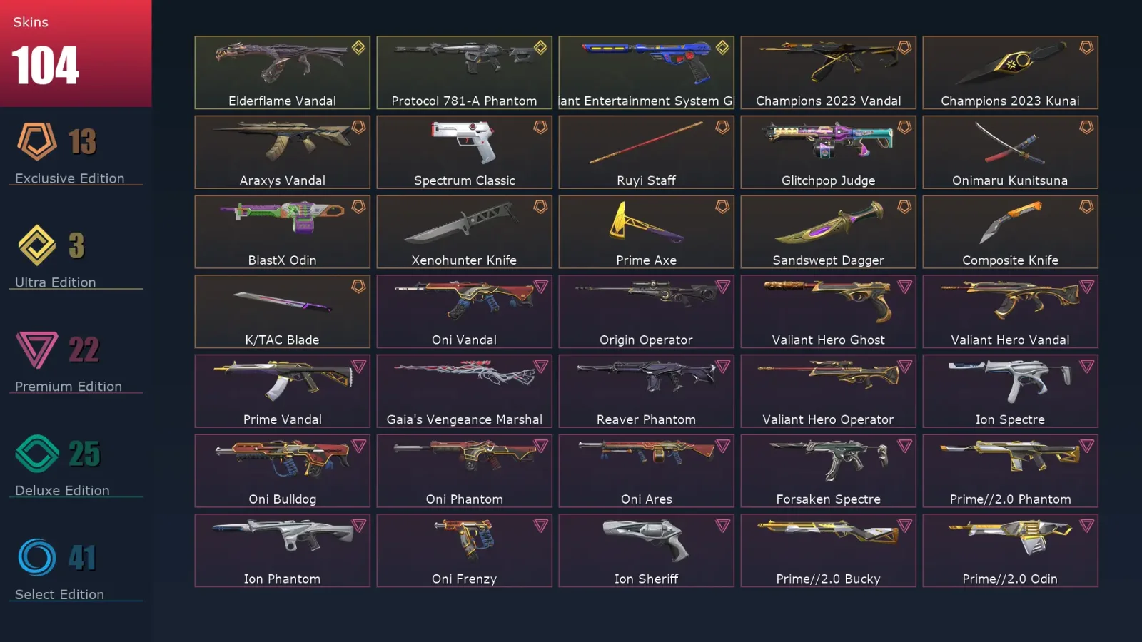 [Valorant] | EU | Level 381 | Silver 2 | 29 Agents | 104 Skins