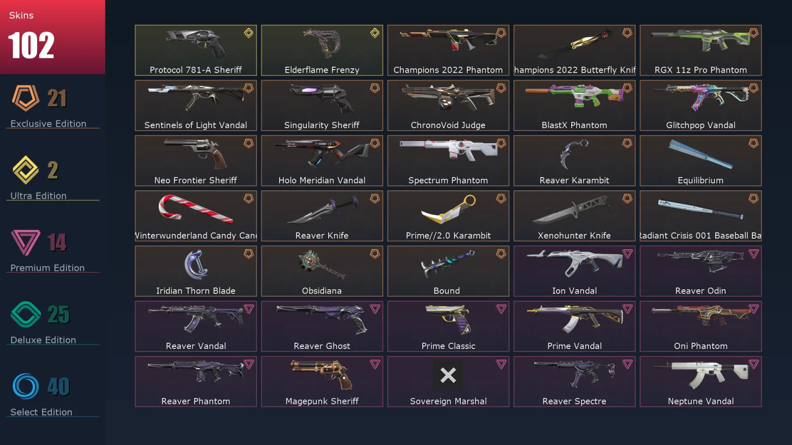 [Valorant] | EU | Level 256 | Platinum 1 | 28 Agents | 102 Skins