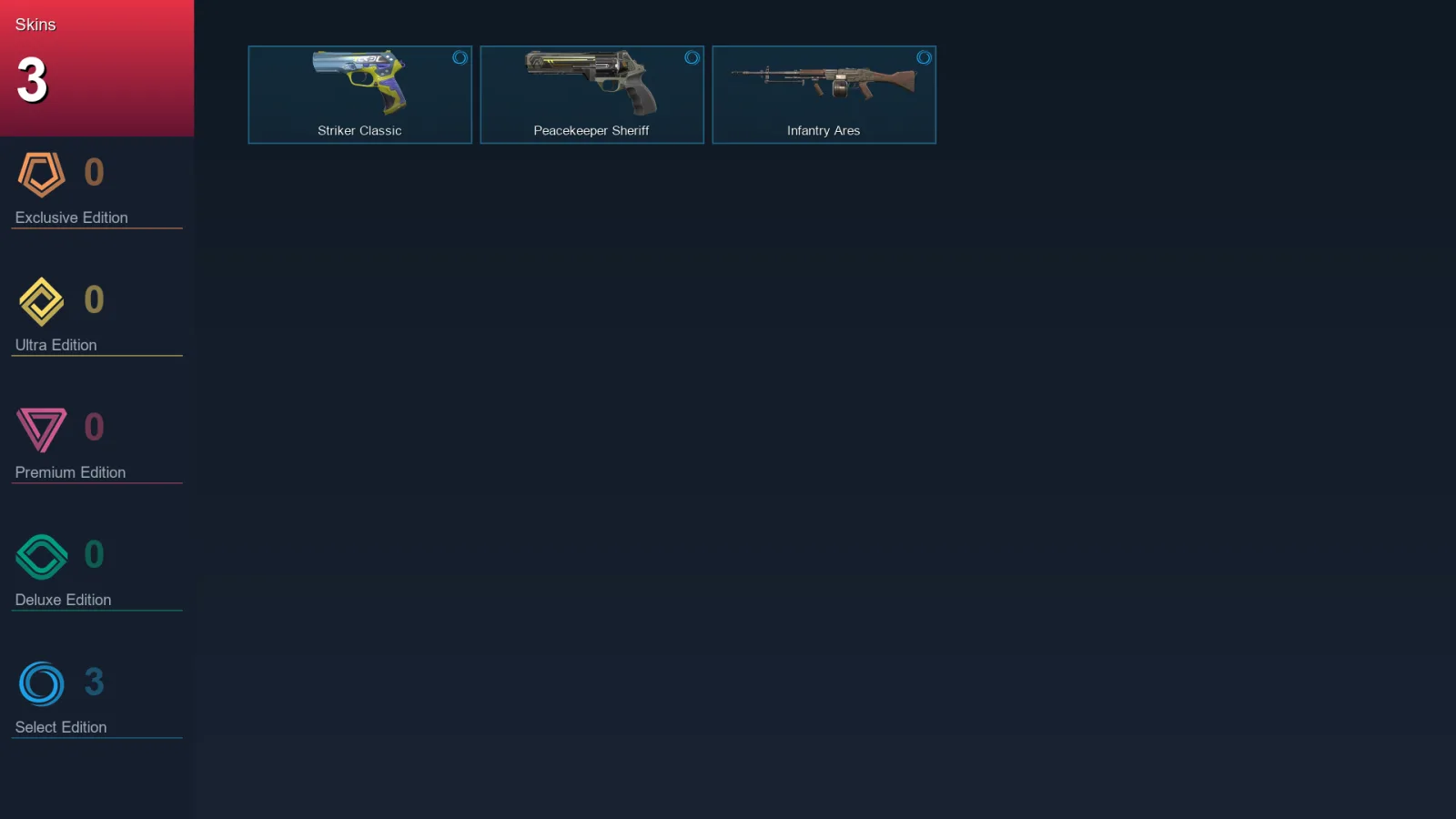 AP | Striker Classic | Peacekeeper Sheriff | Infantry Ares | 3 Skin | 13 Agent | 19 Buddy | Lv51