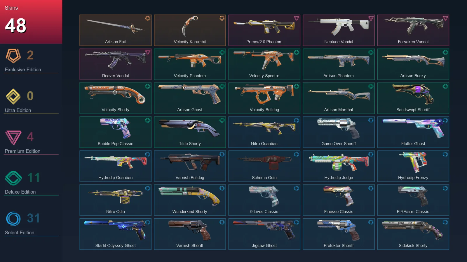 AP | Artisan Foil | Velocity Karambit | Prime//2.0 Phantom | Neptune Vandal | 48 Skin | 28 Agent | 126 Buddy | Lv276