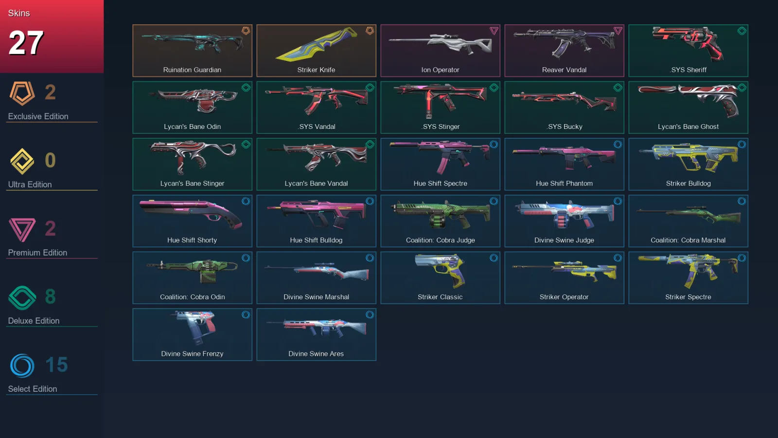 AP | Lv55 | Unranked | 27 Skin | 17 Agent | 29 Buddy — Hue Shift Shorty