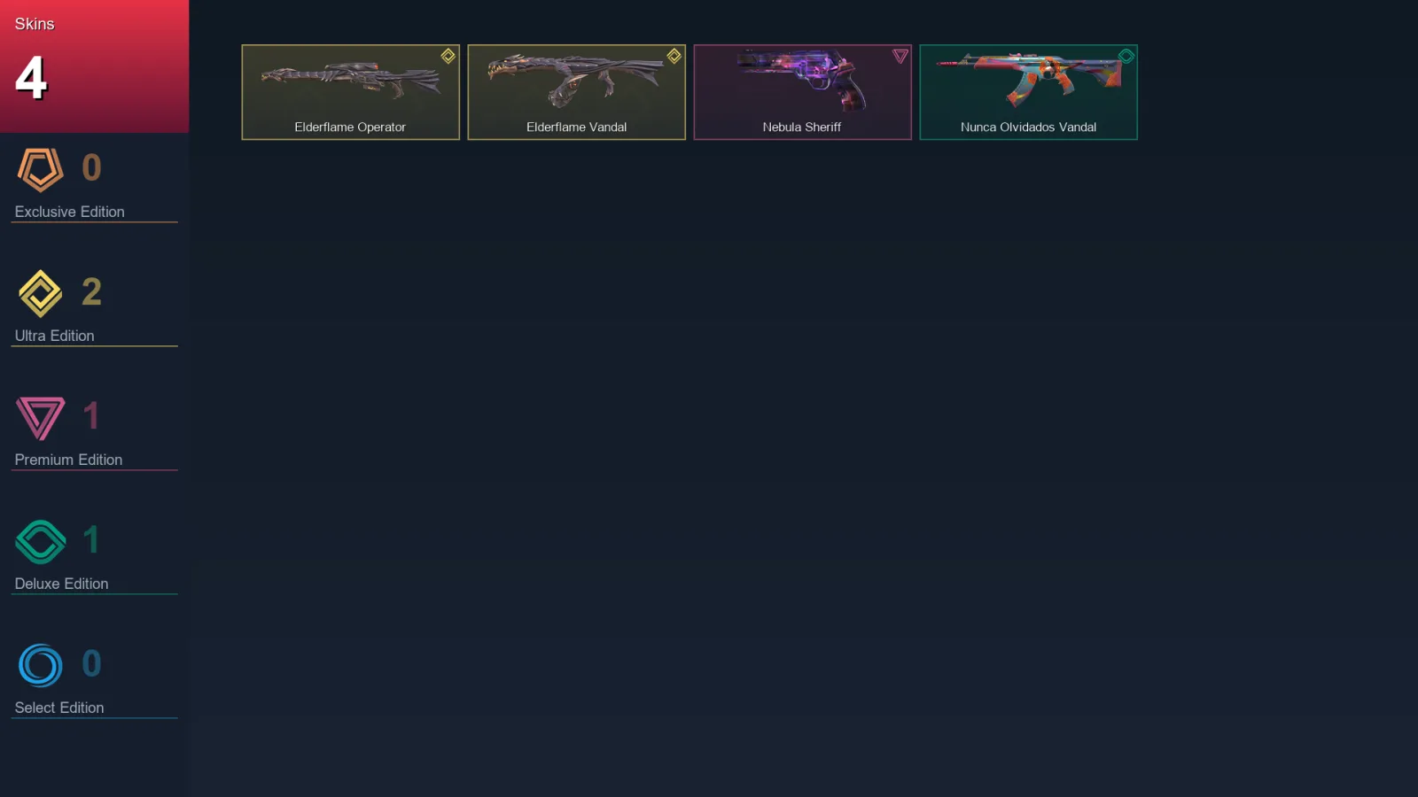 EU | Elderflame Operator | Elderflame Vandal | Nebula Sheriff | Nunca Olvidados Vandal | 4 Skin | 11 Agent | 10 Buddy | Lv23