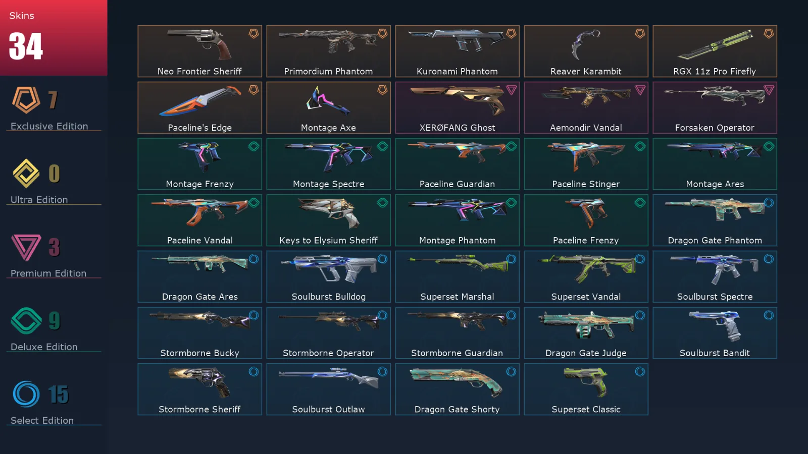 [Valorant] | EU | Level 72 | 20 Agents | 34 Skins