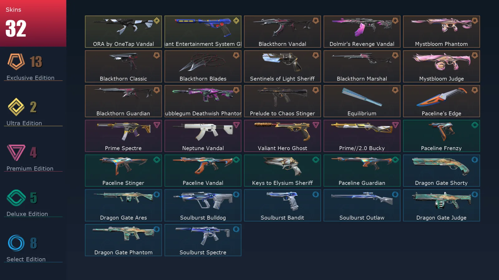 [Valorant] | EU | Level 66 | Platinum 2 | 21 Agents | 32 Skins