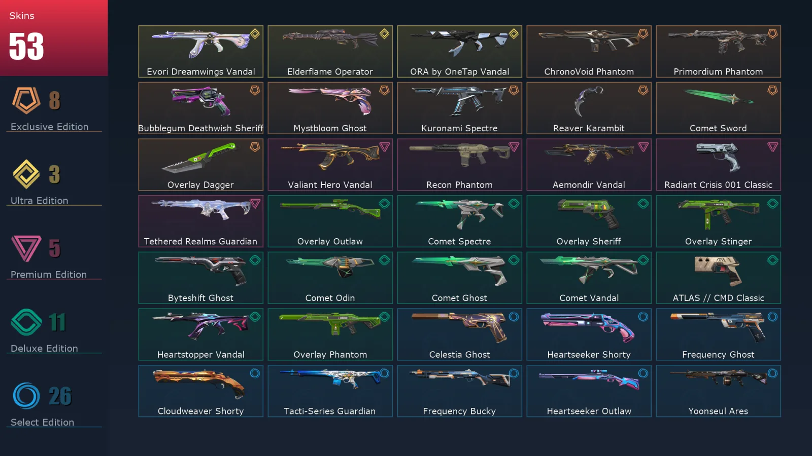 [Valorant] | EU | Level 122 | Silver 2 | 29 Agents | 53 Skins