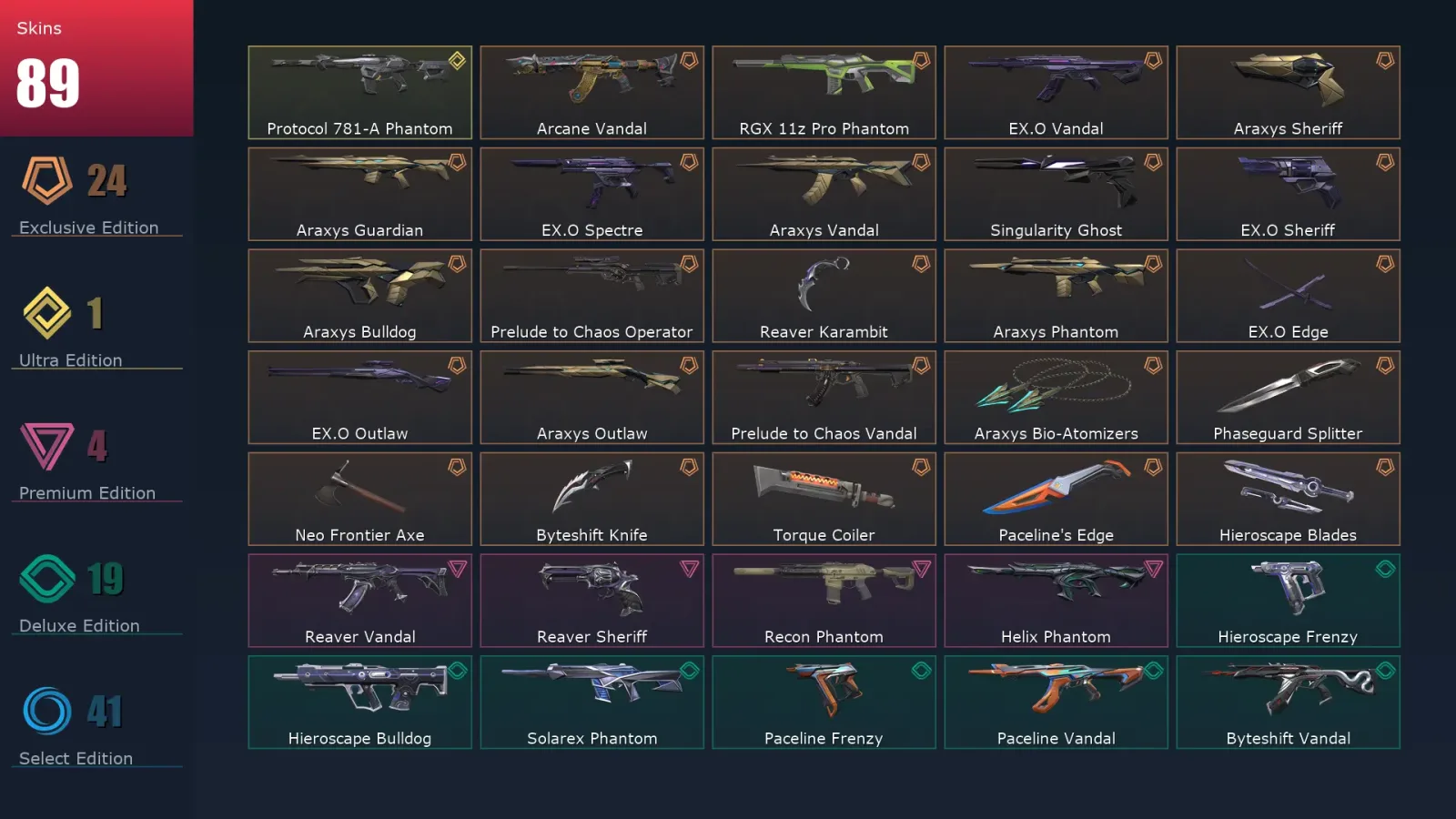 [Valorant] | EU | Level 168 | 29 Agents | 89 Skins