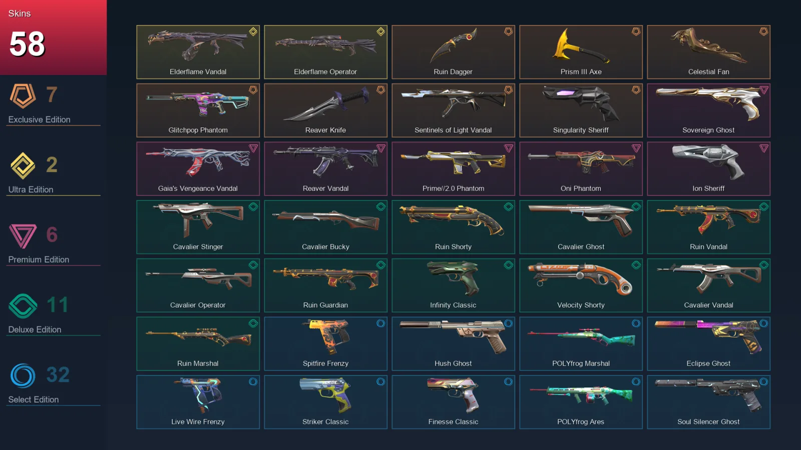 EU | Ruin Dagger | Prism III Axe | Celestial Fan | Glitchpop Phantom | 58 Skin | 27 Agent | 99 Buddy | Lv269