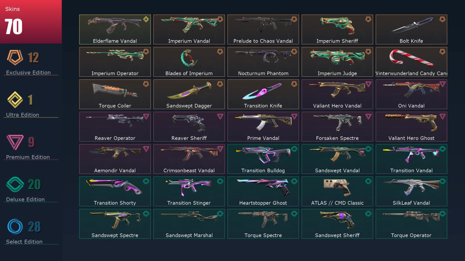 [Valorant] | EU | Level 215 | 28 Agents | 70 Skins