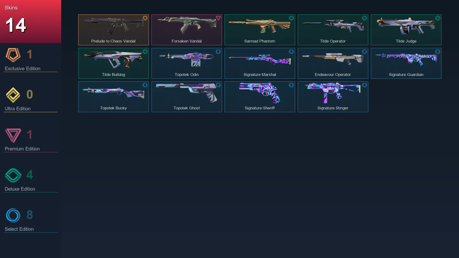 NA | Lv65 | Unranked | 14 Skin | 21 Agent | 28 Buddy