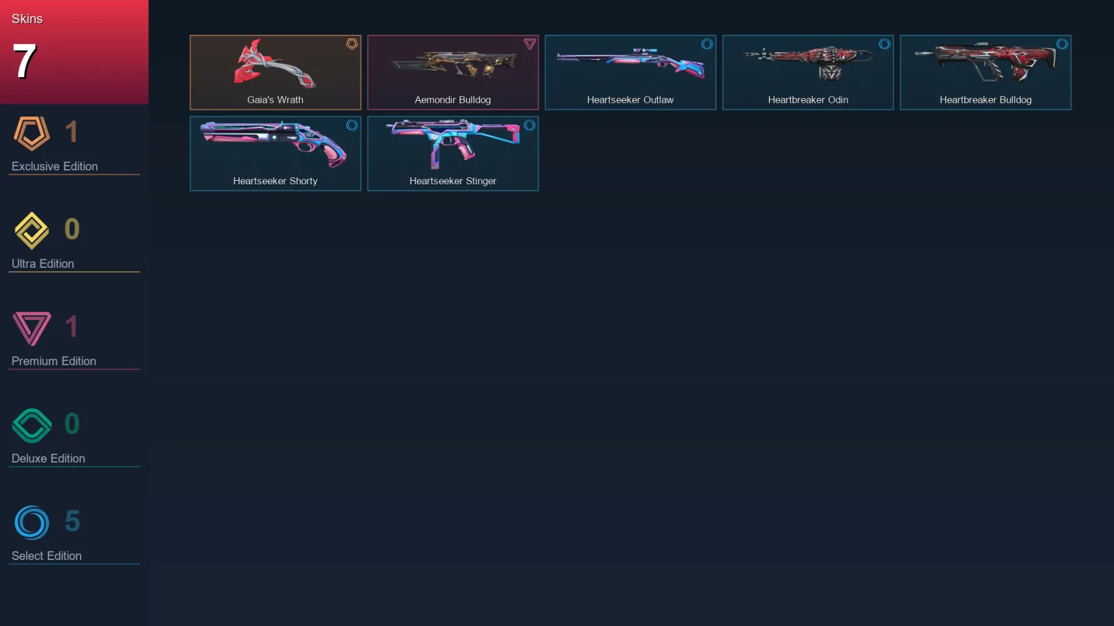 EU | Gaia's Wrath | Aemondir Bulldog | Heartseeker Outlaw | Heartbreaker Odin | 7 Skin | 8 Agent | 4 Buddy | Lv12