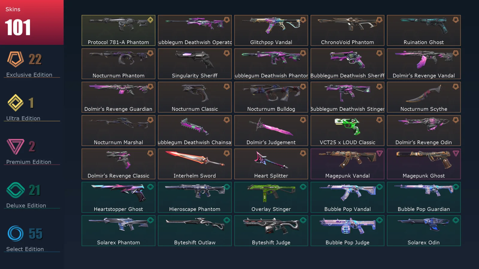 [Valorant] | EU | Level 103 | Platinum 3 | 29 Agents | 101 Skins