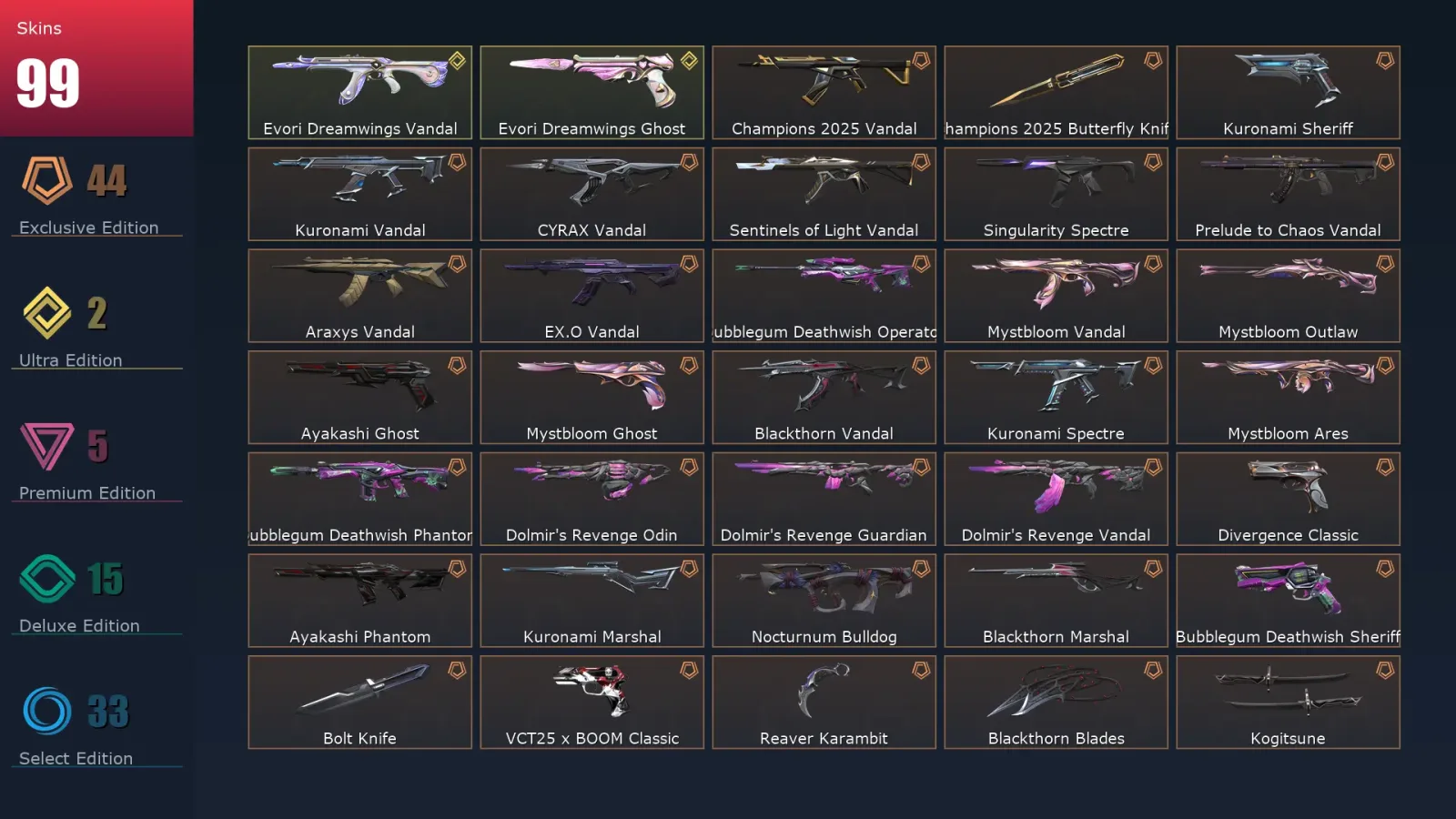 [Valorant] | EU | Level 155 | Platinum 2 | 29 Agents | 99 Skins