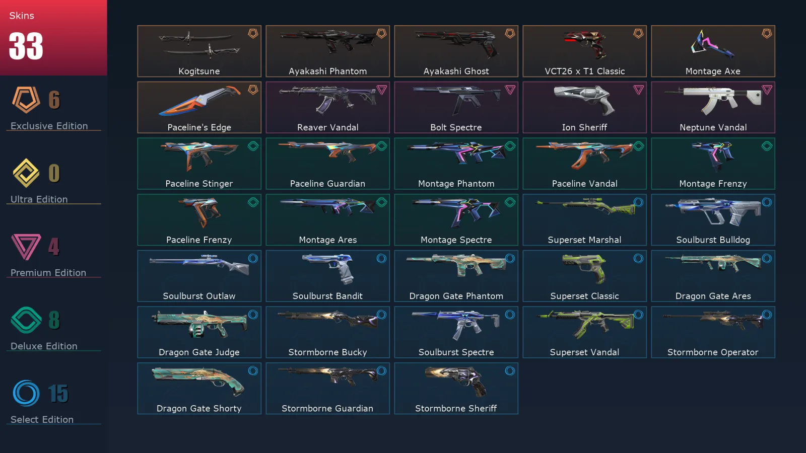 [Valorant] | EU | Level 63 | Gold 3 | 18 Agents | 33 Skins