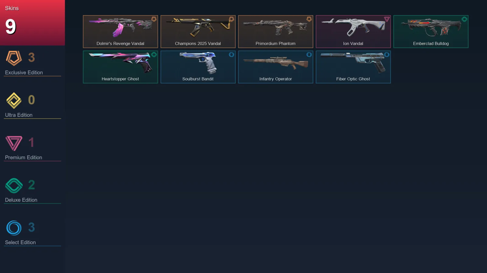 EU | Dolmir's Revenge Vandal | Champions 2025 Vandal | Primordium Phantom | Ion Vandal | 9 Skin | 29 Agent | 39 Buddy | Lv105