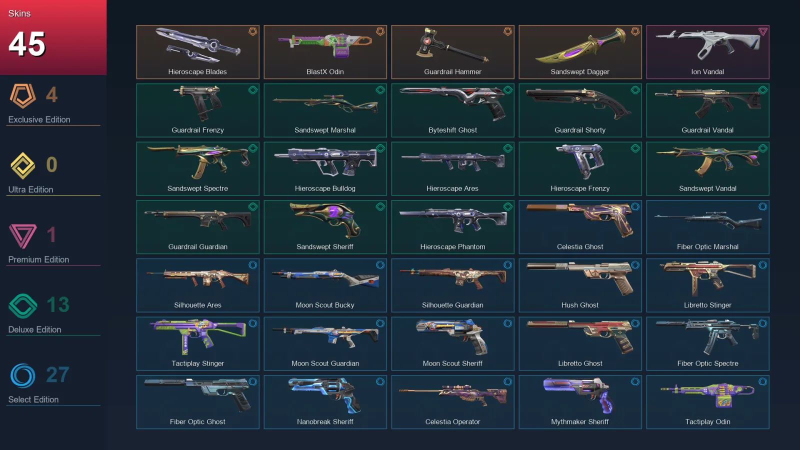 AP | Lv127 | Unranked | 45 Skin | 22 Agent | 62 Buddy — Guardrail Hammer