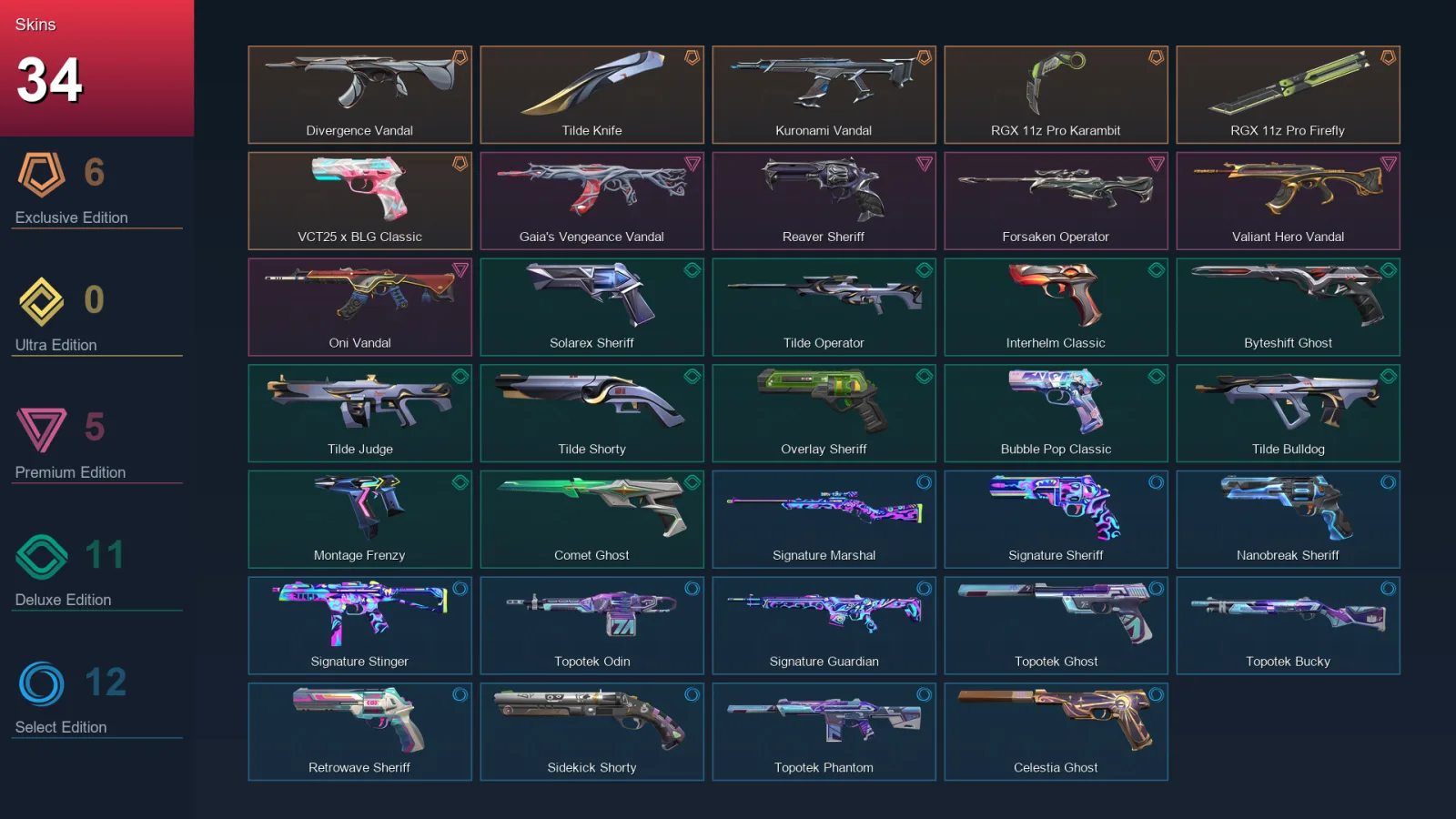 AP | Divergence Vandal | Tilde Knife | Kuronami Vandal | RGX 11z Pro Karambit | 34 Skin | 29 Agent | 112 Buddy | Lv332 — Valorant account