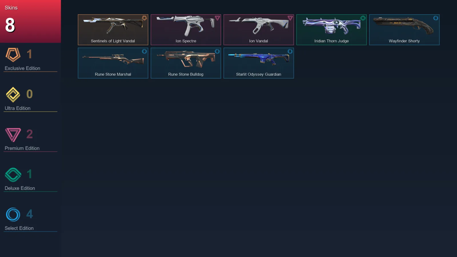 EU | Sentinels of Light Vandal | Ion Spectre | Ion Vandal | Iridian Thorn Judge | 8 Skin | 8 Agent | 14 Buddy | Lv30