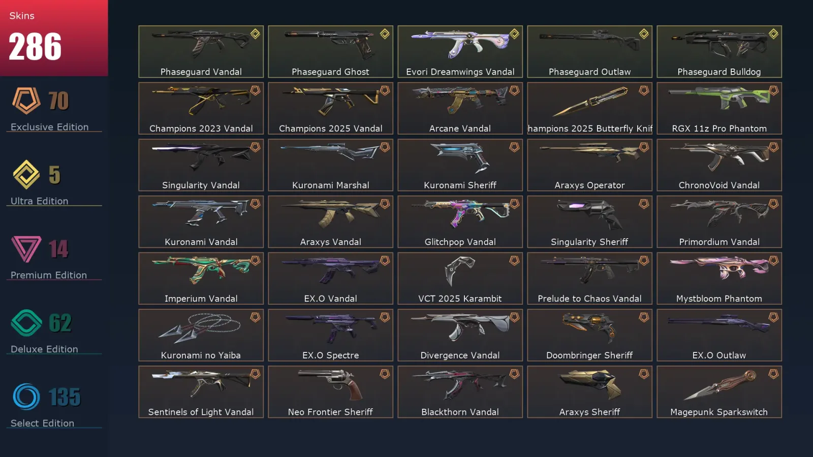 [Valorant] | EU | Level 295 | Silver 2 | 29 Agents | 286 Skins