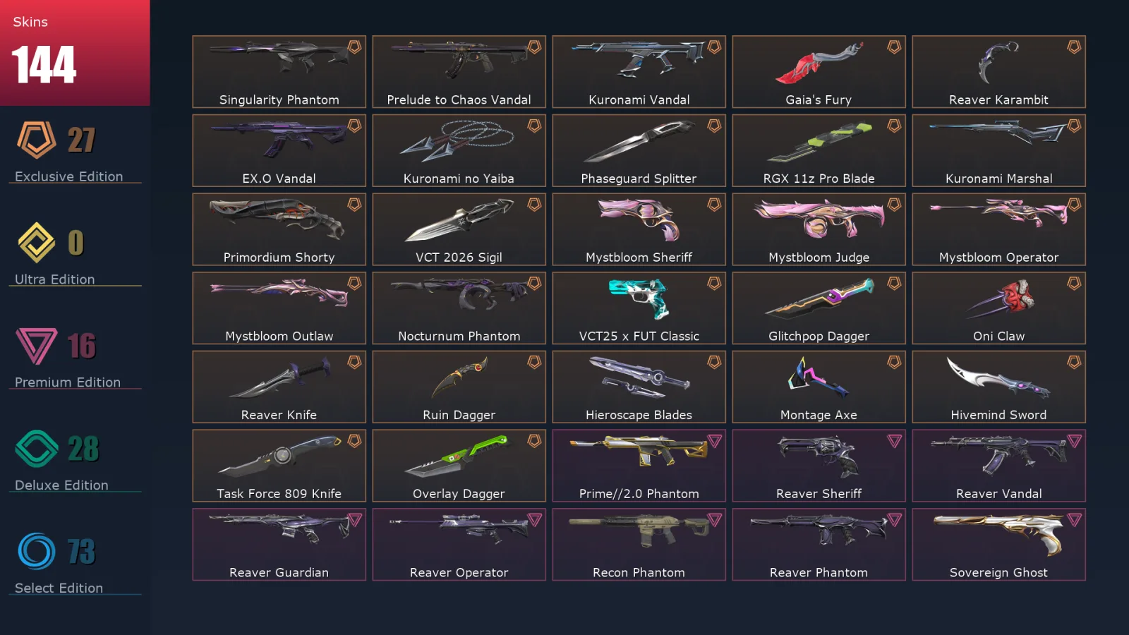 [Valorant] | EU | Level 317 | 29 Agents | 144 Skins