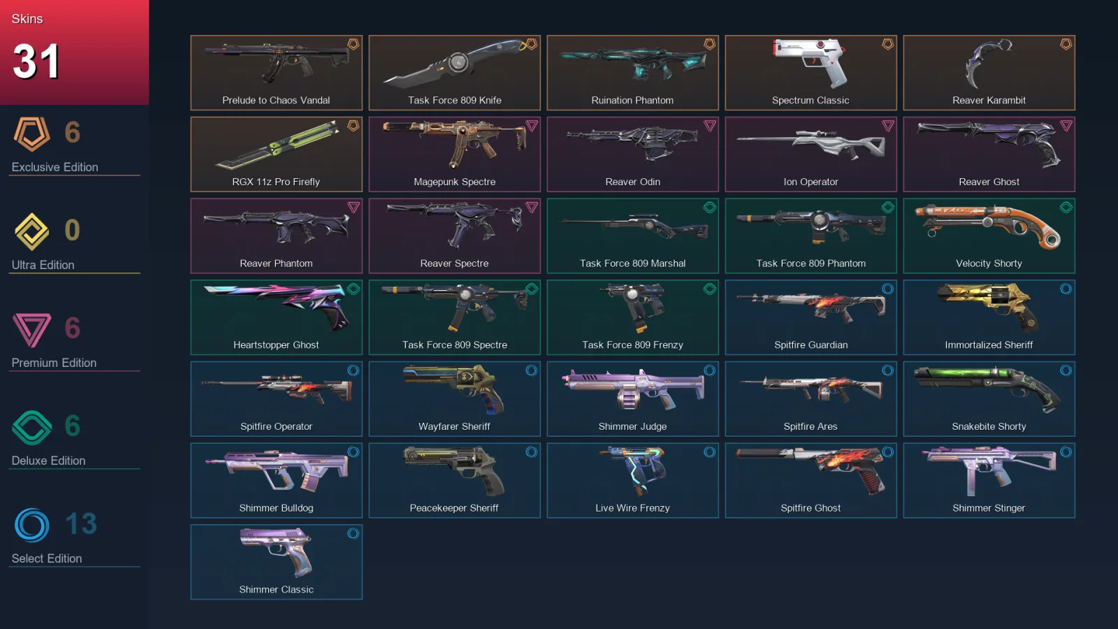AP | Prelude to Chaos Vandal | Task Force 809 Knife | Ruination Phantom | Spectrum Classic | 31 Skin | 28 Agent | 79 Buddy | Lv160