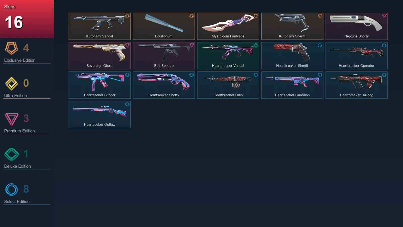 EU | Lv31 | Unranked | 16 Skin | 10 Agent | 14 Buddy — Heartbreaker Operator