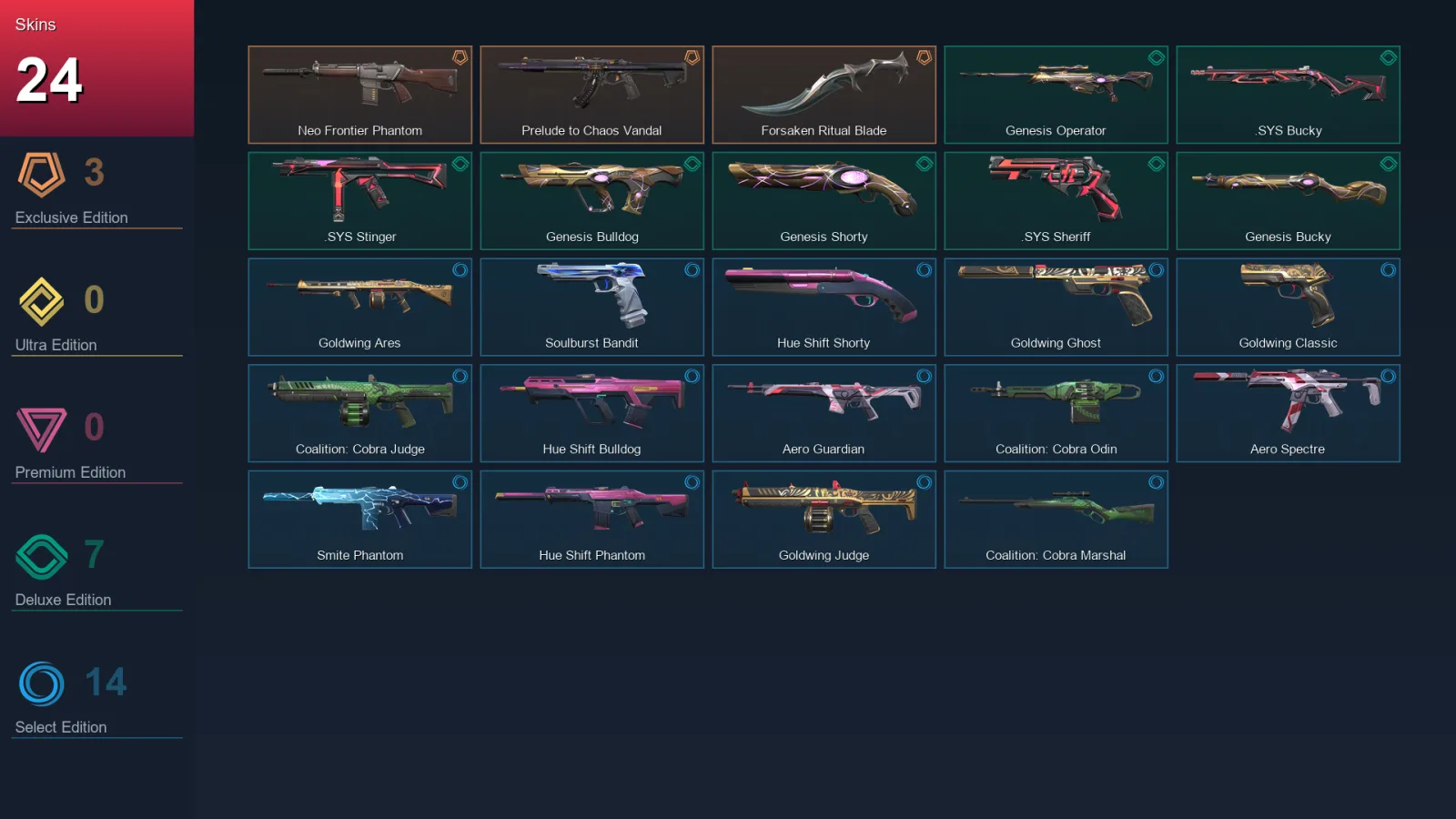 AP | Neo Frontier Phantom | Prelude to Chaos Vandal | Forsaken Ritual Blade | Genesis Operator | 24 Skin | 27 Agent | 48 Buddy | Lv78