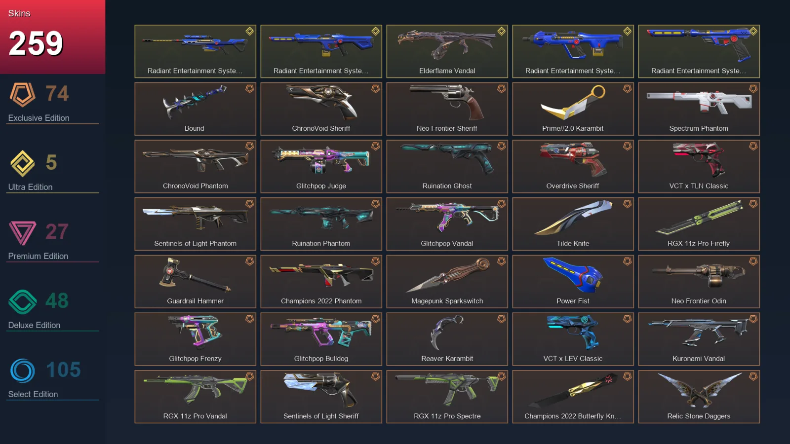 AP | Lv214 | Unranked | 259 Skin | 23 Agent | 175 Buddy