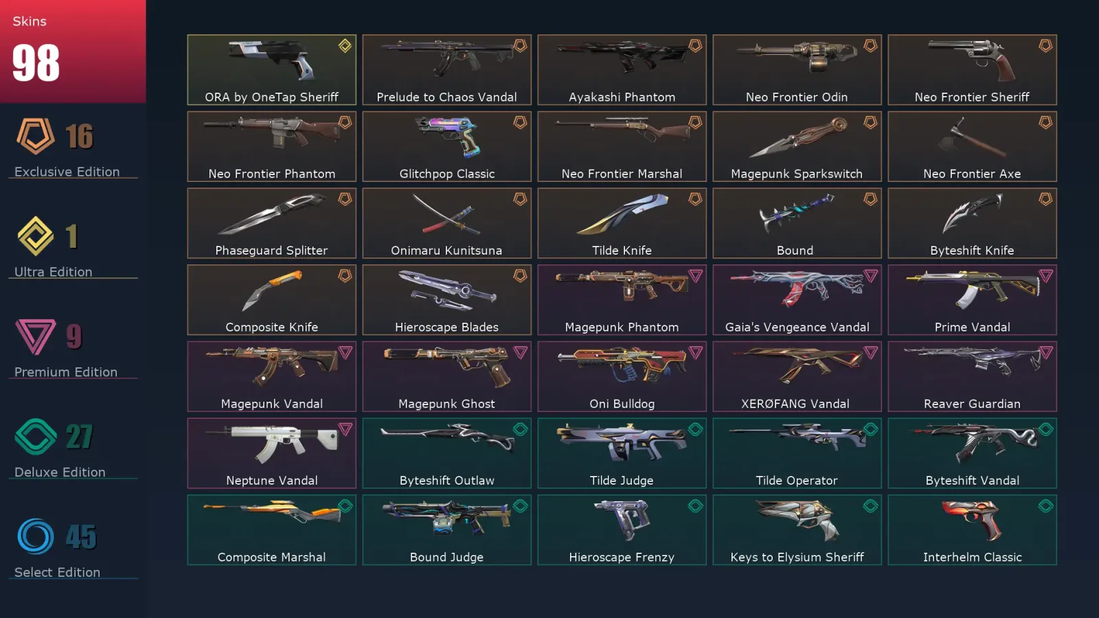 [Valorant] | EU | Level 349 | Diamond 1 | 28 Agents | 98 Skins