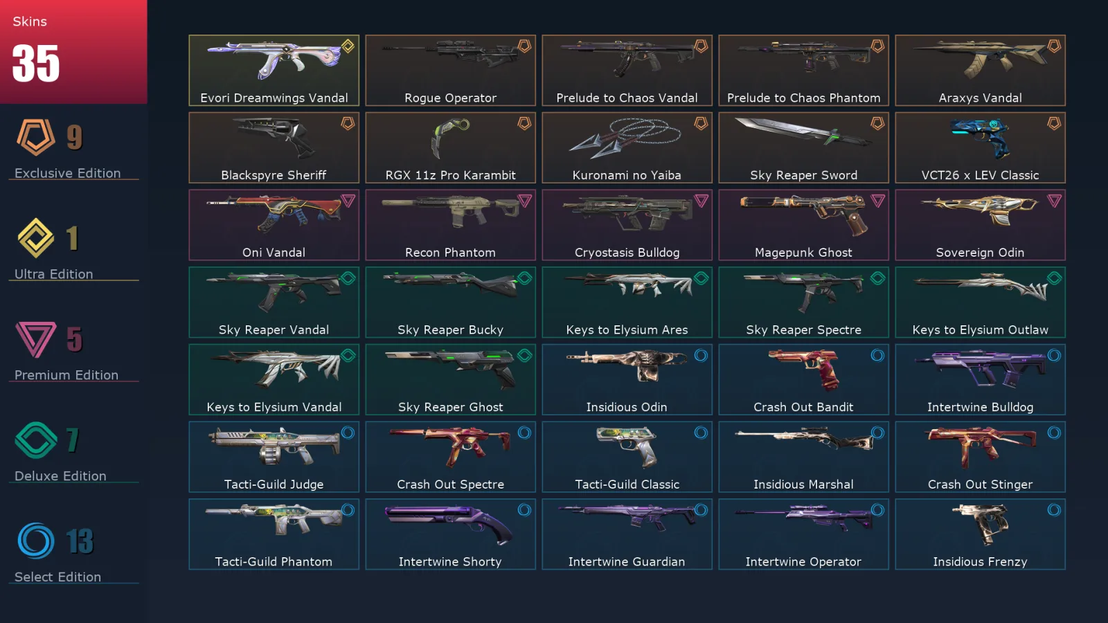 [Valorant] | EU | Level 36 | Silver 3 | 12 Agents | 35 Skins