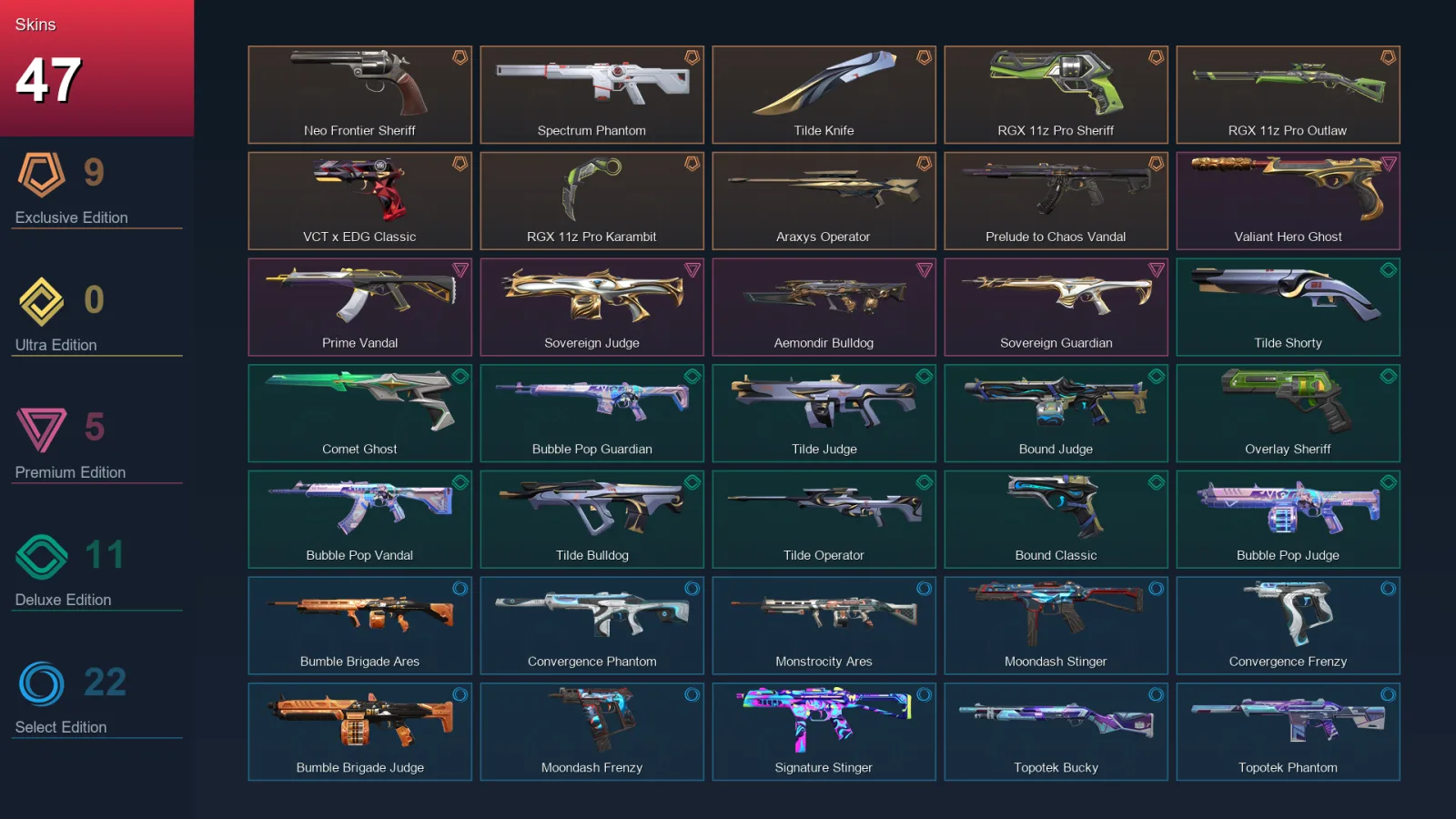 AP | Lv132 | Unranked | 47 Skin | 25 Agent | 66 Buddy — Rgx 11z Pro Outlaw