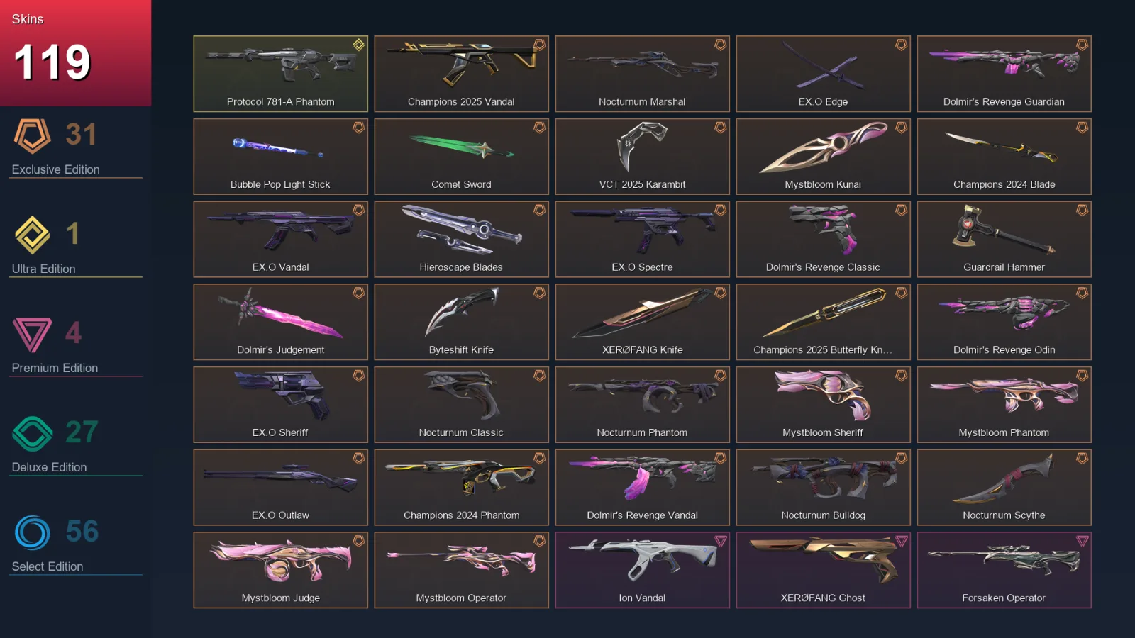 BR | Champions 2025 Vandal | Nocturnum Marshal | EX.O Edge | Dolmir's Revenge Guardian | 119 Skin | 26 Agent | 114 Buddy | Lv150