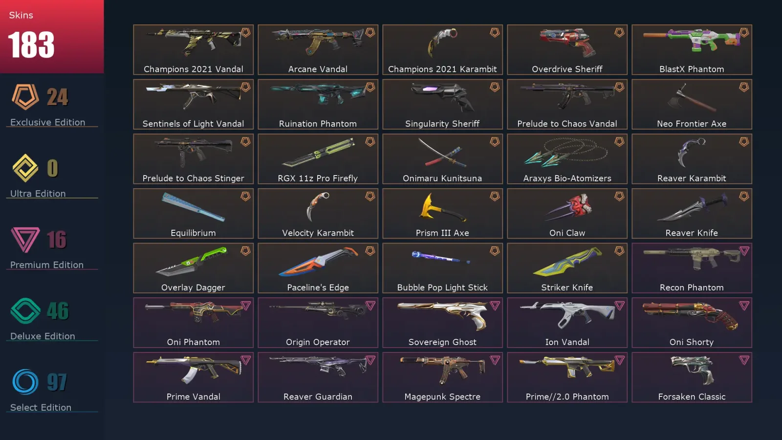 [Valorant] | EU | Level 247 | Gold 2 | 29 Agents | 183 Skins