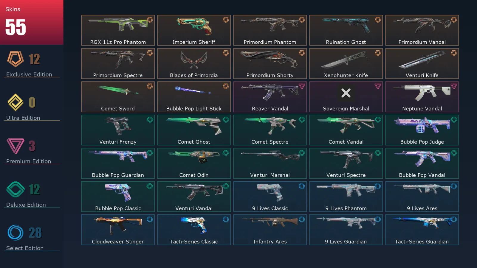 [Valorant] | EU | Level 129 | Silver 1 | 29 Agents | 55 Skins