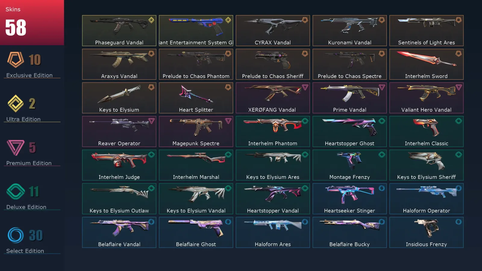 [Valorant] | EU | Level 239 | Silver 3 | 29 Agents | 58 Skins