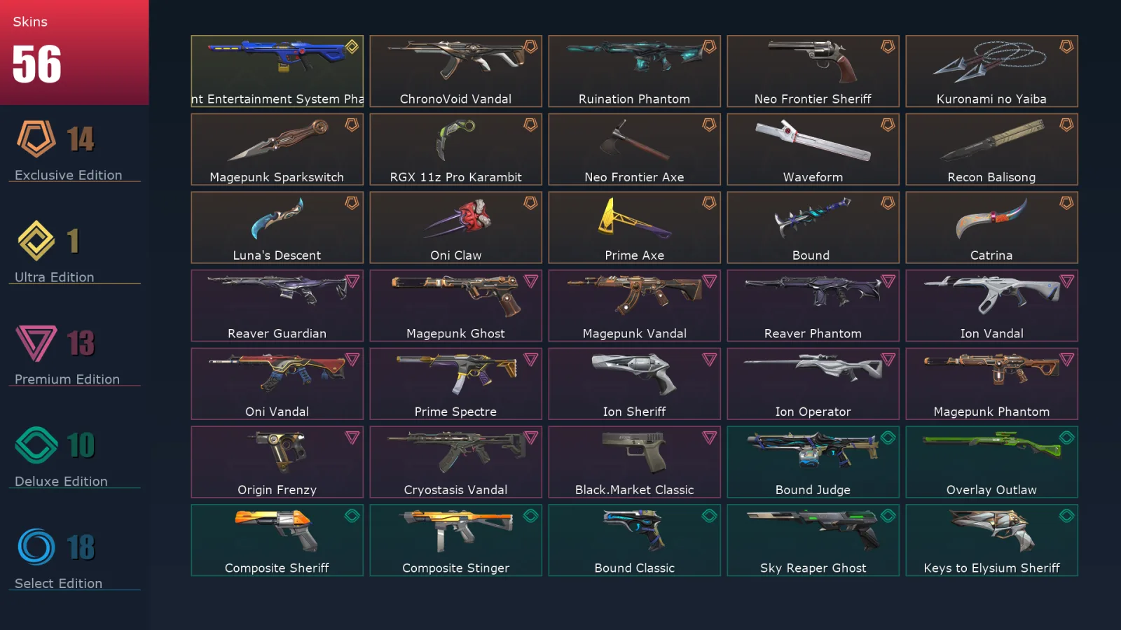 [Valorant] | EU | Level 69 | Platinum 1 | 24 Agents | 56 Skins