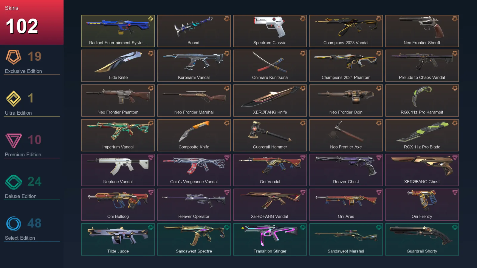 EU | Lv206 | Unranked | 102 Skin | 27 Agent | 102 Buddy