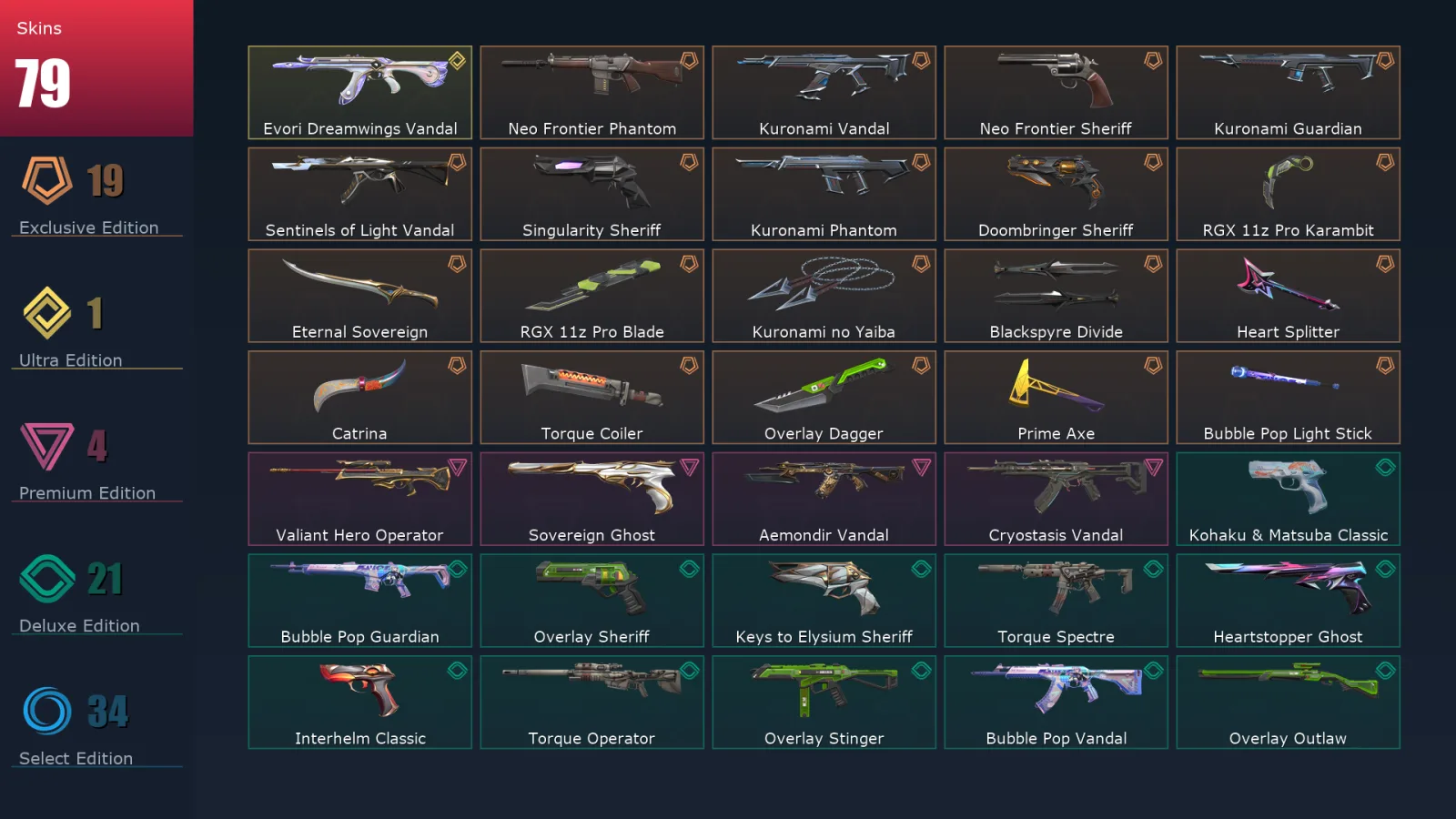 [Valorant] | EU | Level 305 | Platinum 3 | 29 Agents | 79 Skins