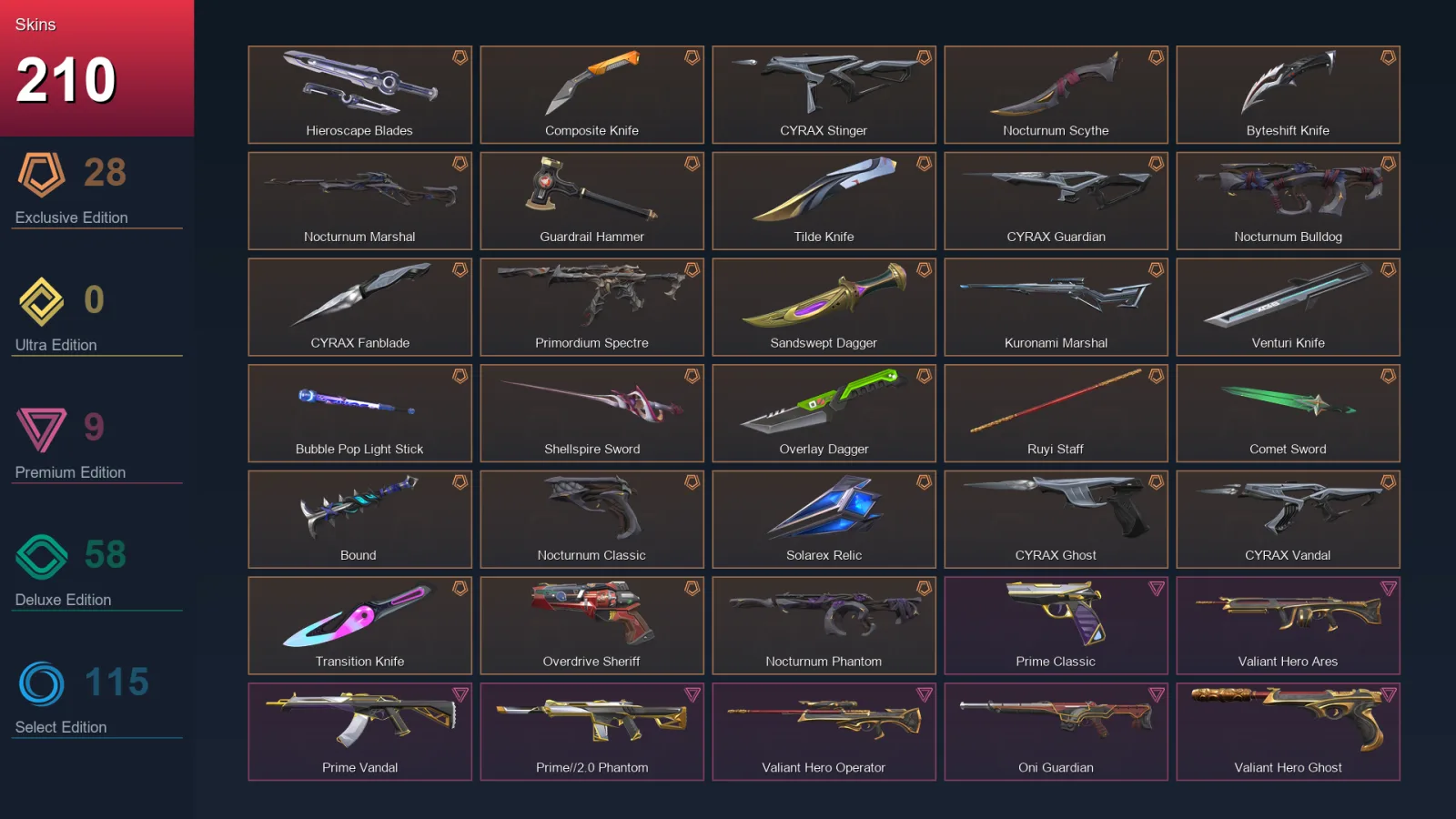 AP | Lv315 | Unranked | 210 Skin | 27 Agent | 195 Buddy