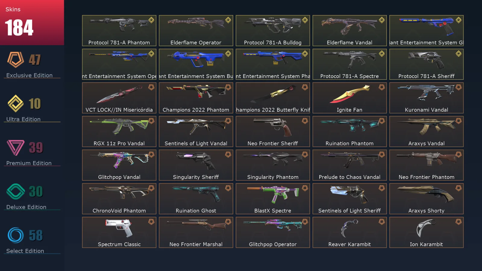 [Valorant] | EU | Level 306 | Diamond 1 | 29 Agents | 184 Skins