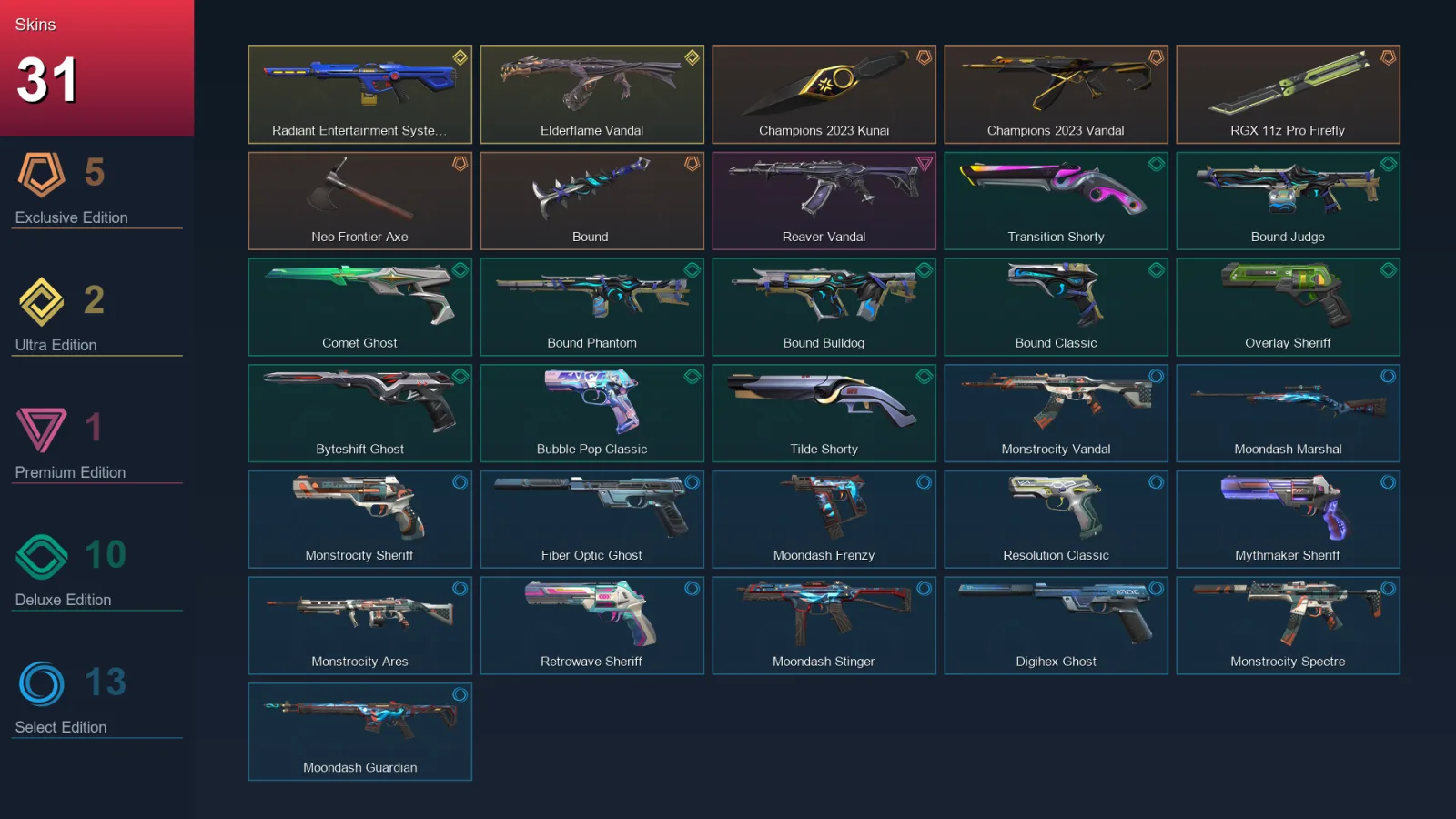AP | Lv217 | Unranked | 31 Skin | 27 Agent | 76 Buddy — Valorant account