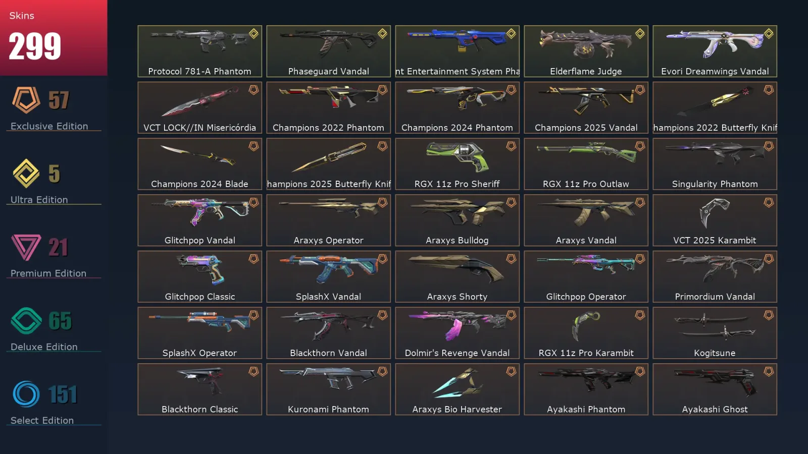 [Valorant] | EU | Level 496 | Ascendant 1 | 29 Agents | 299 Skins