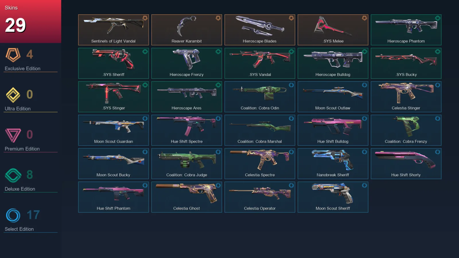 EU | Lv78 | Unranked | 29 Skin | 25 Agent | 42 Buddy — Hue Shift Shorty
