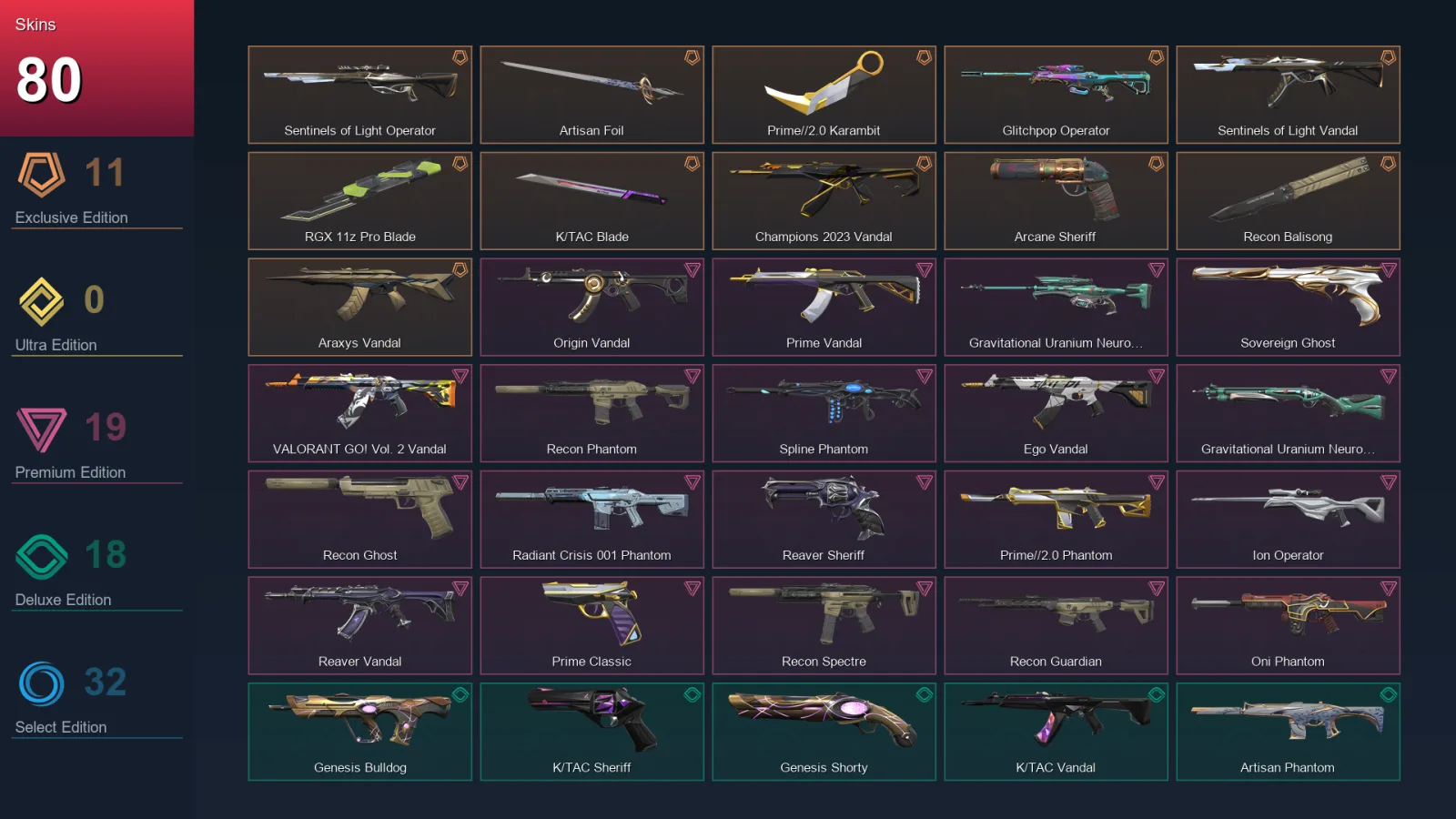 NA | Sentinels of Light Operator | Artisan Foil | Prime//2.0 Karambit | Glitchpop Operator | 80 Skin | 24 Agent | 74 Buddy | Lv112