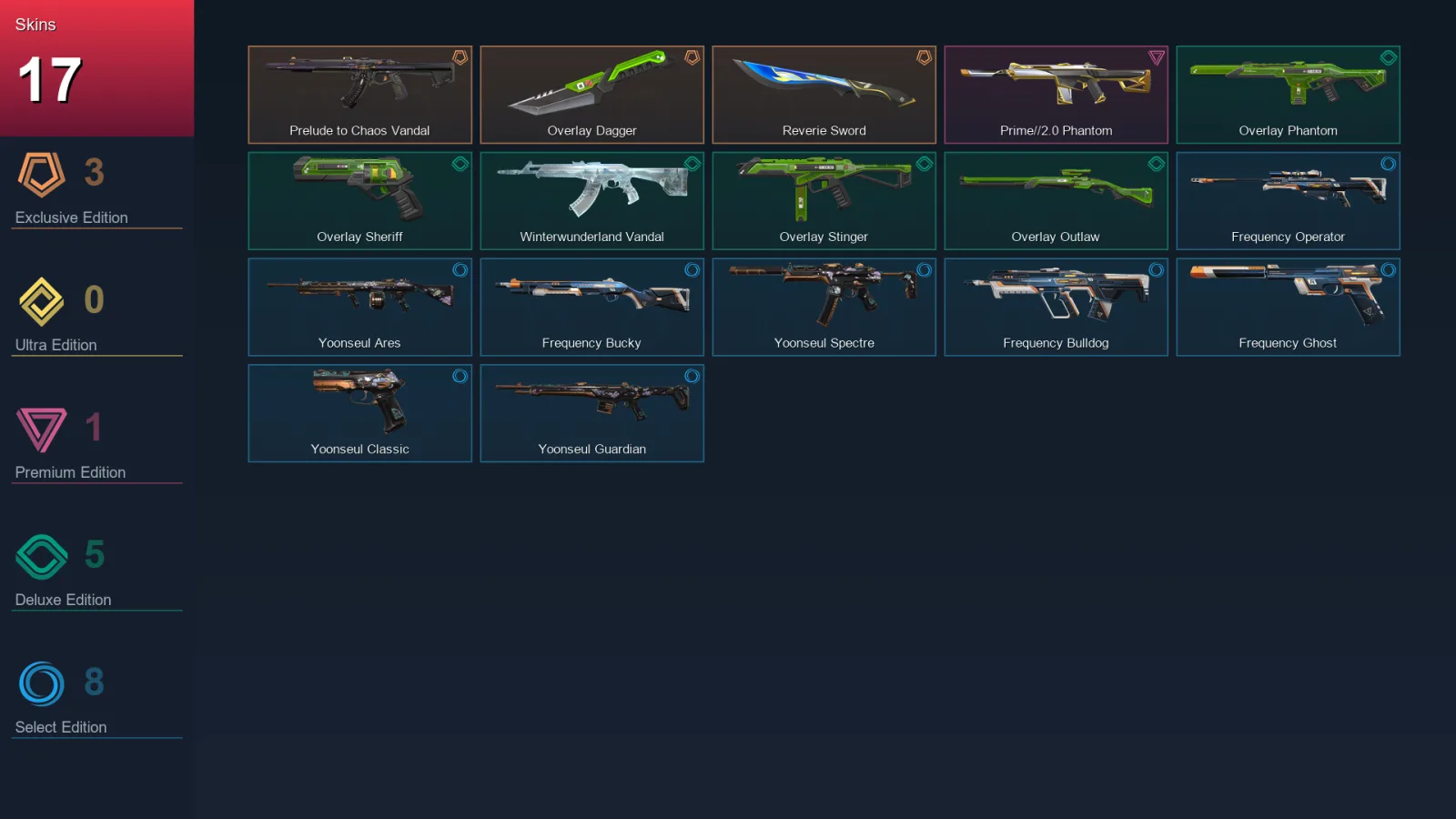EU | Lv32 | Unranked | 17 Skin | 9 Agent | 18 Buddy — Overlay Dagger